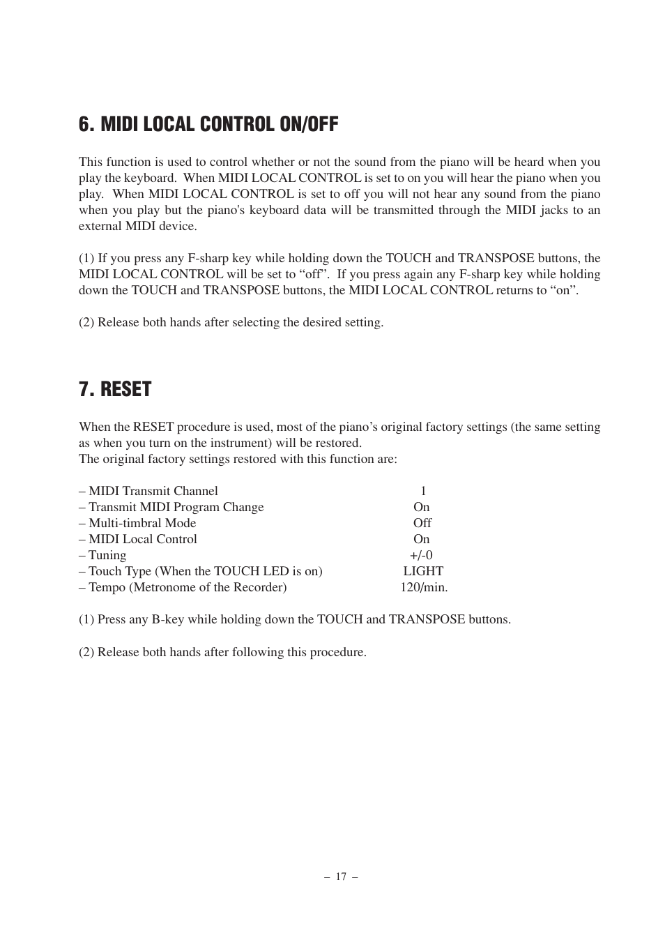 Midi local control on/off, Reset | Kawai DP100 User Manual | Page 17 / 22