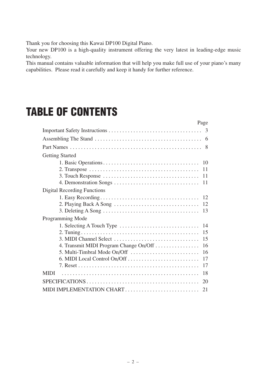 Kawai DP100 User Manual | Page 2 / 22