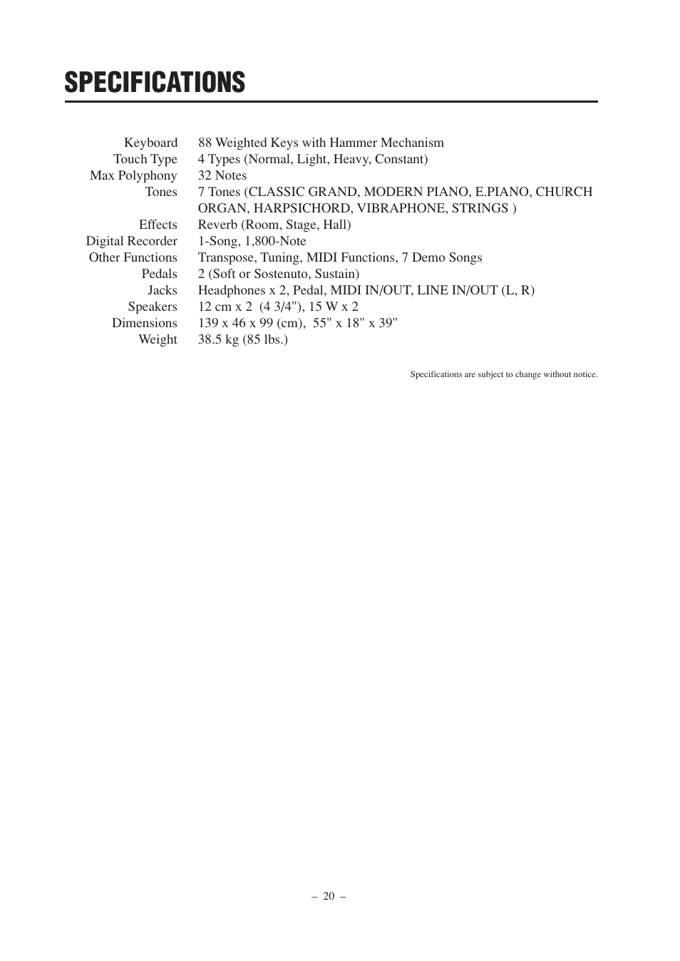 Specifications | Kawai DP100 User Manual | Page 20 / 22