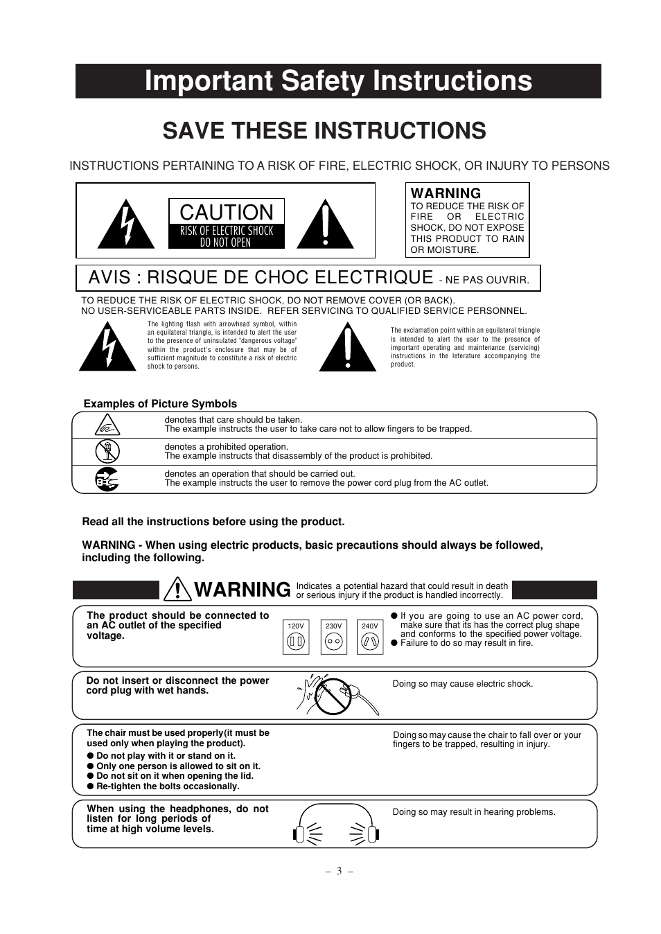 Important safety instructions, Save these instructions, Caution | Warning, Avis : risque de choc electrique | Kawai DP100 User Manual | Page 3 / 22