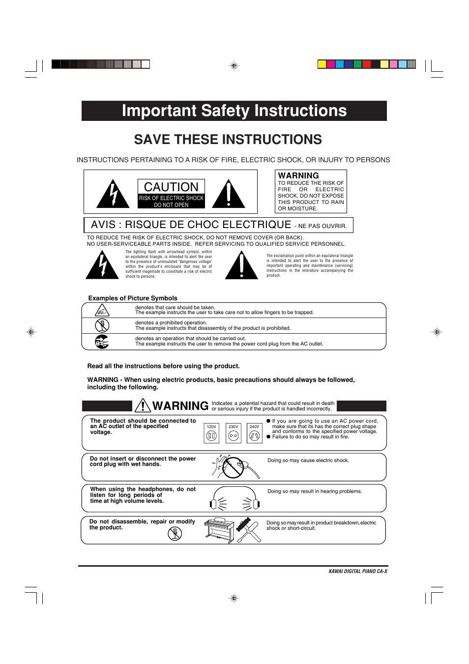 Important safety instructions, Save these instructions, Caution | Warning, Avis : risque de choc electrique | Kawai CA-X User Manual | Page 2 / 52