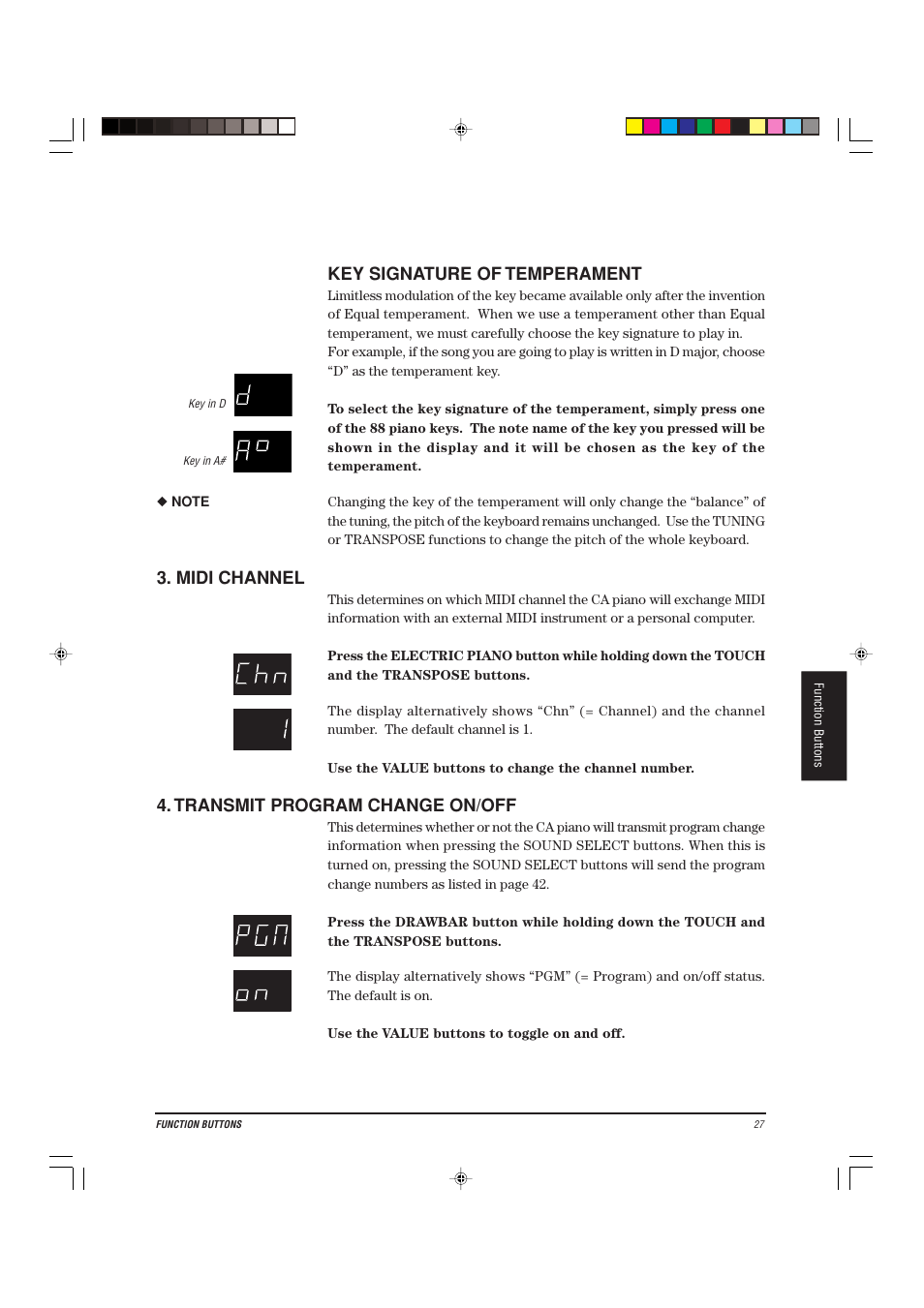 Key signature of temperament, Midi channel, Transmit program change on/off | Kawai CA-X User Manual | Page 31 / 52