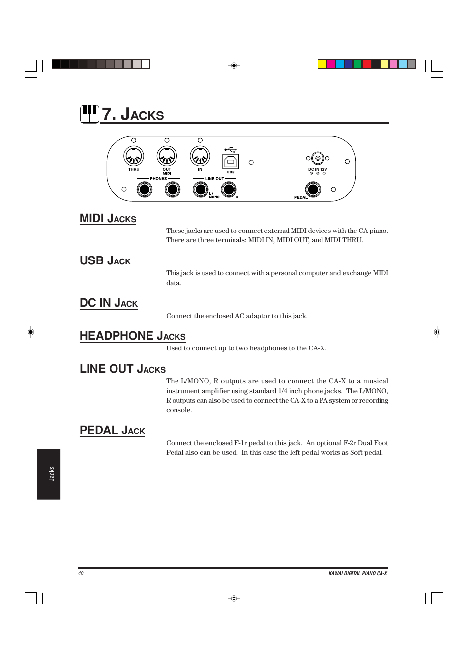 Acks, Midi j, Usb j | Dc in j, Headphone j, Line out j, Pedal j | Kawai CA-X User Manual | Page 44 / 52