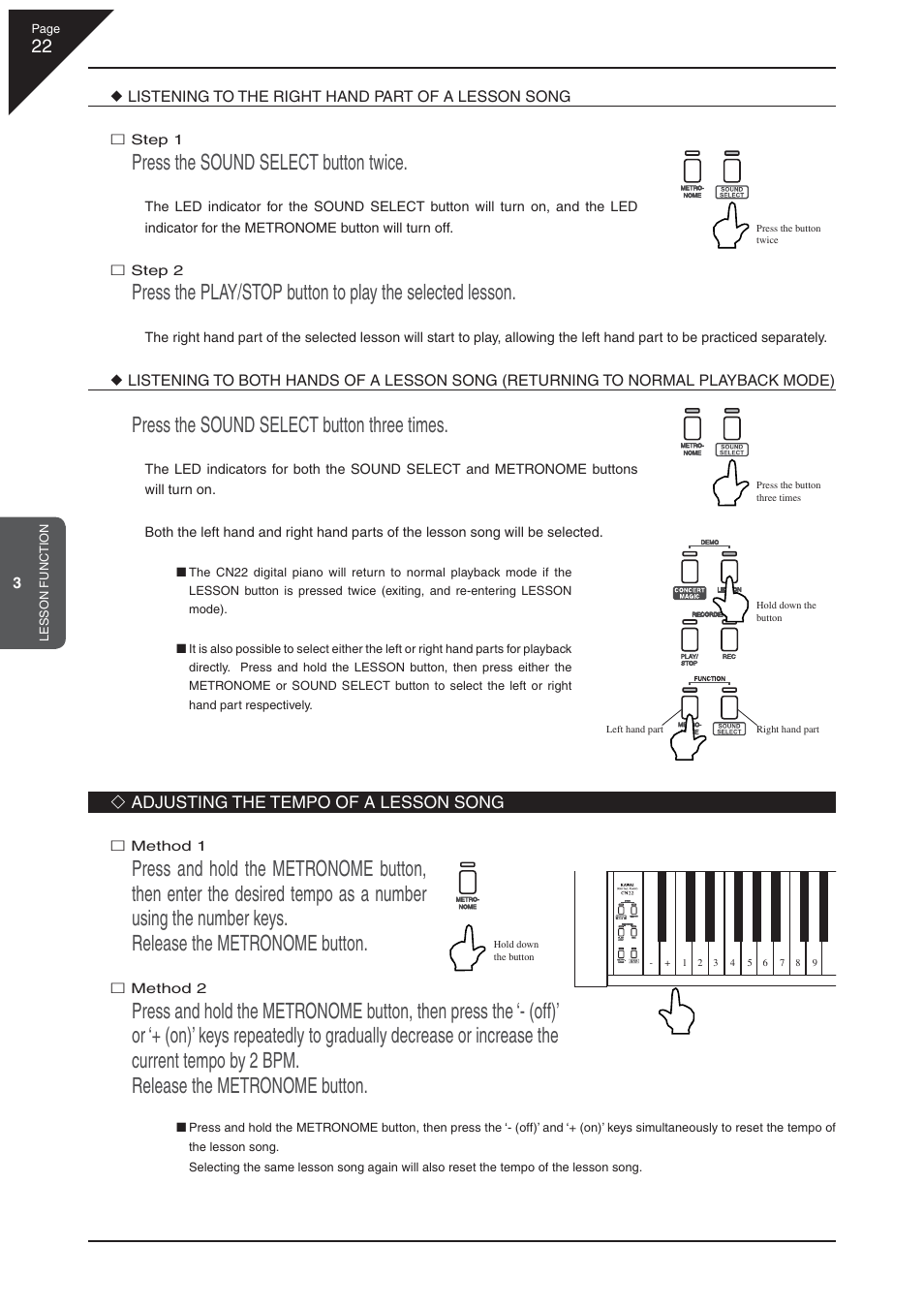 Press the sound select button twice, Press the sound select button three times | Kawai CN22 User Manual | Page 22 / 42