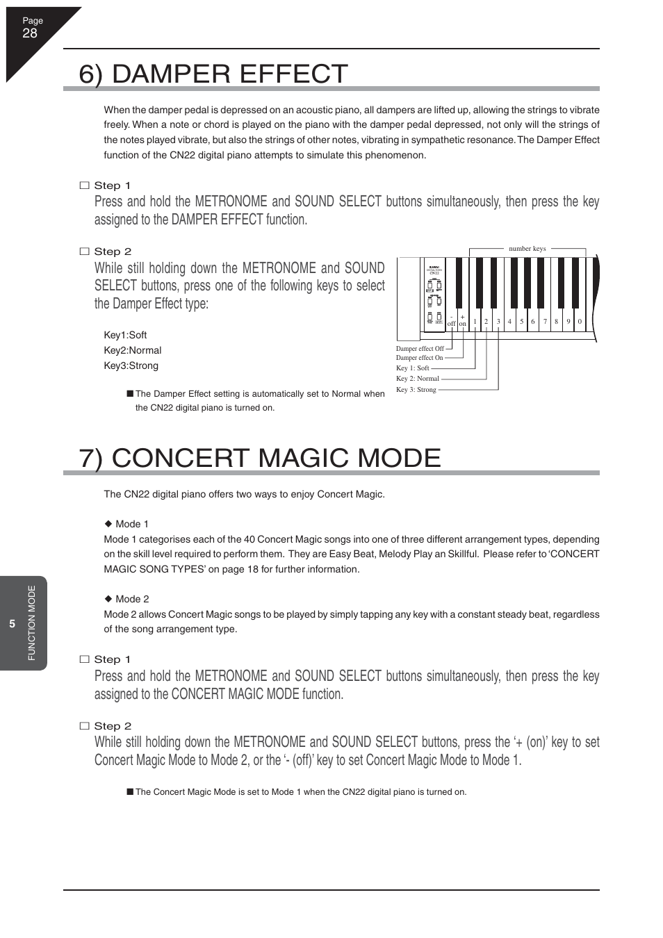 6) damper effect, 7) concert magic mode | Kawai CN22 User Manual | Page 28 / 42
