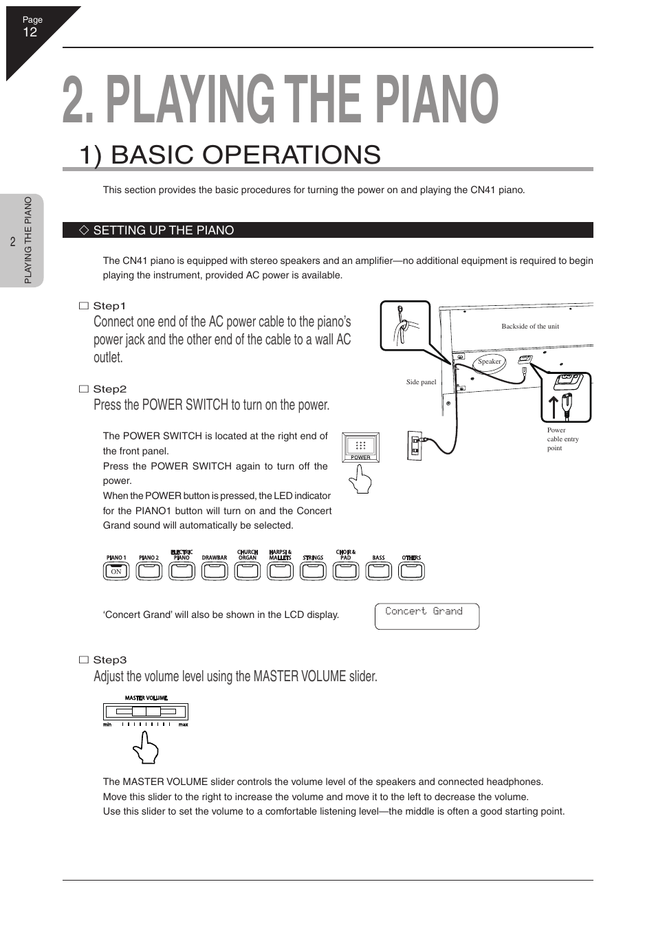 Playing the piano, 1) basic operations, Press the power switch to turn on the power | Kawai CN41 User Manual | Page 12 / 80