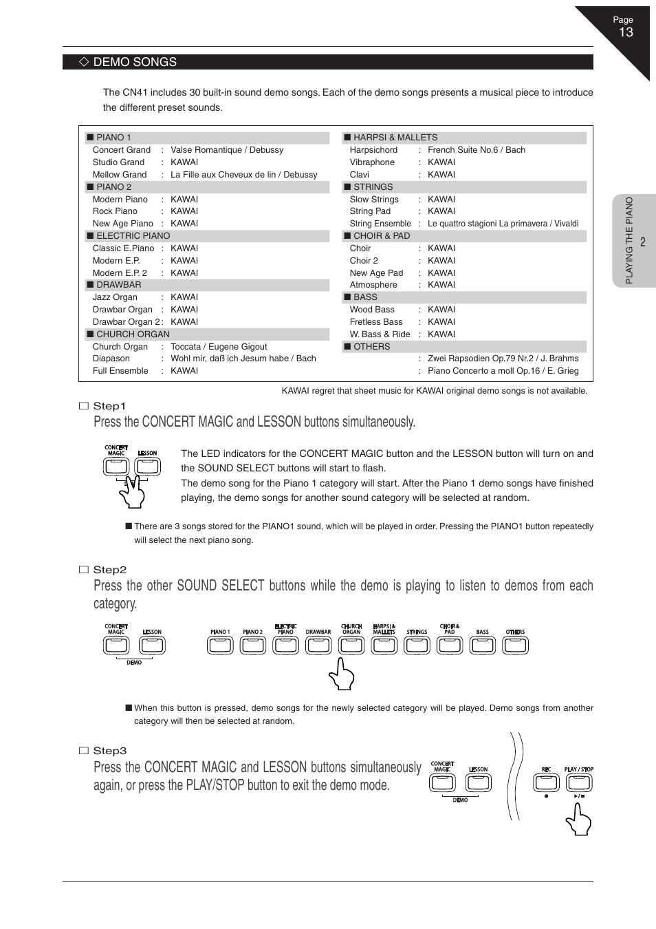 Demo songs | Kawai CN41 User Manual | Page 13 / 80