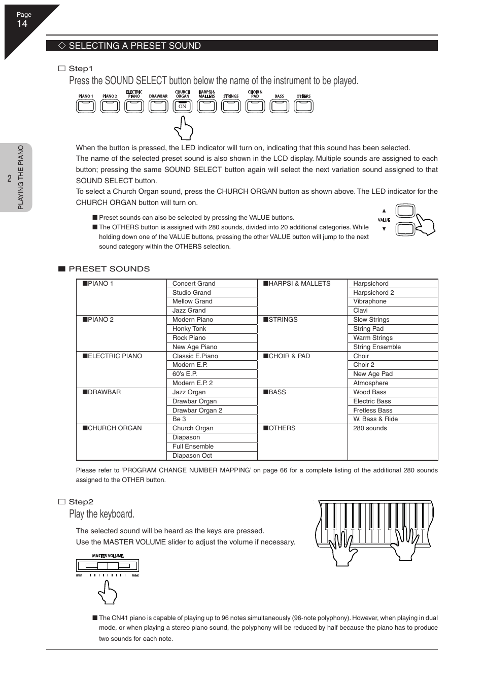 Play the keyboard, Selecting a preset sound | Kawai CN41 User Manual | Page 14 / 80