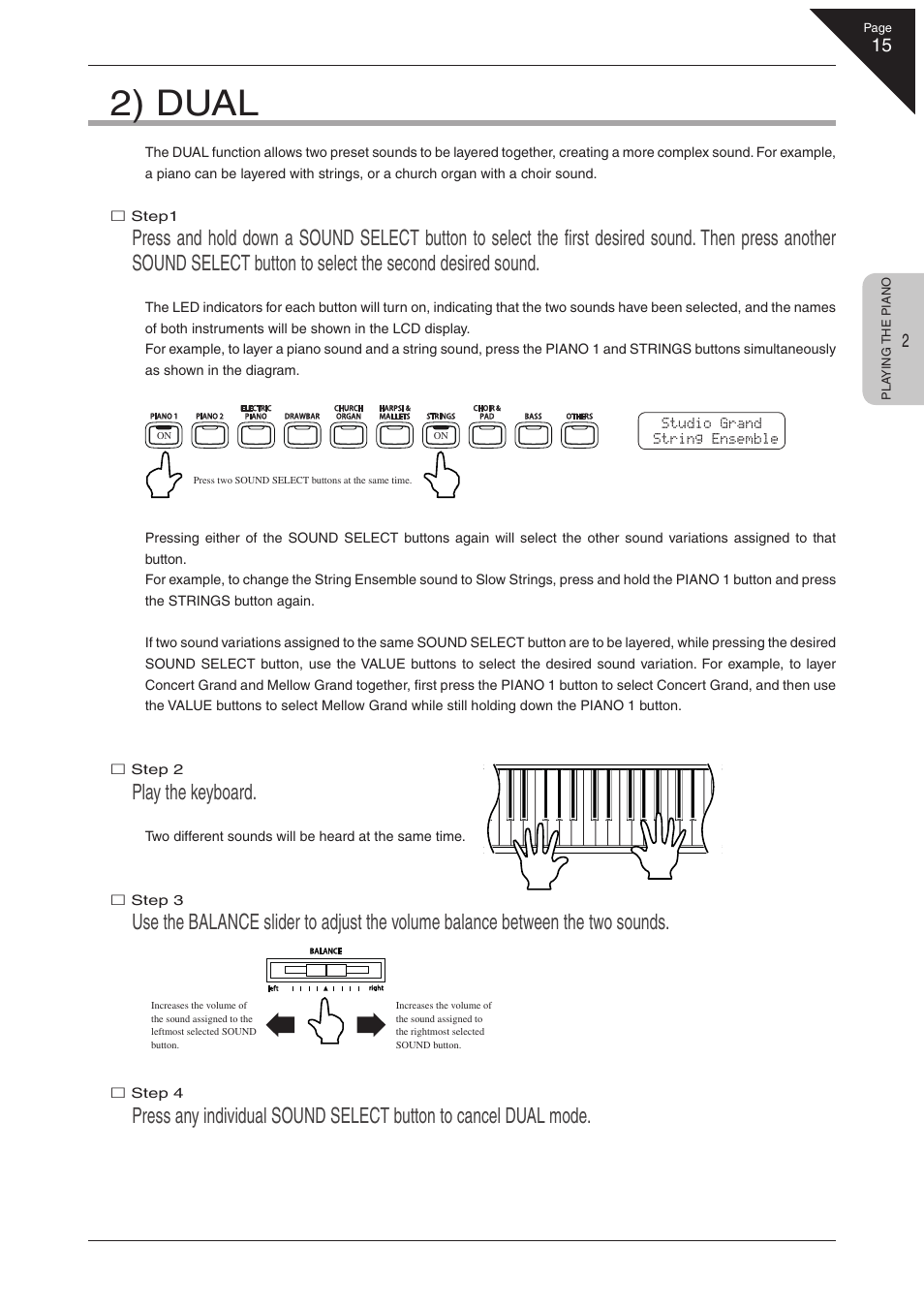 2) dual, Play the keyboard | Kawai CN41 User Manual | Page 15 / 80