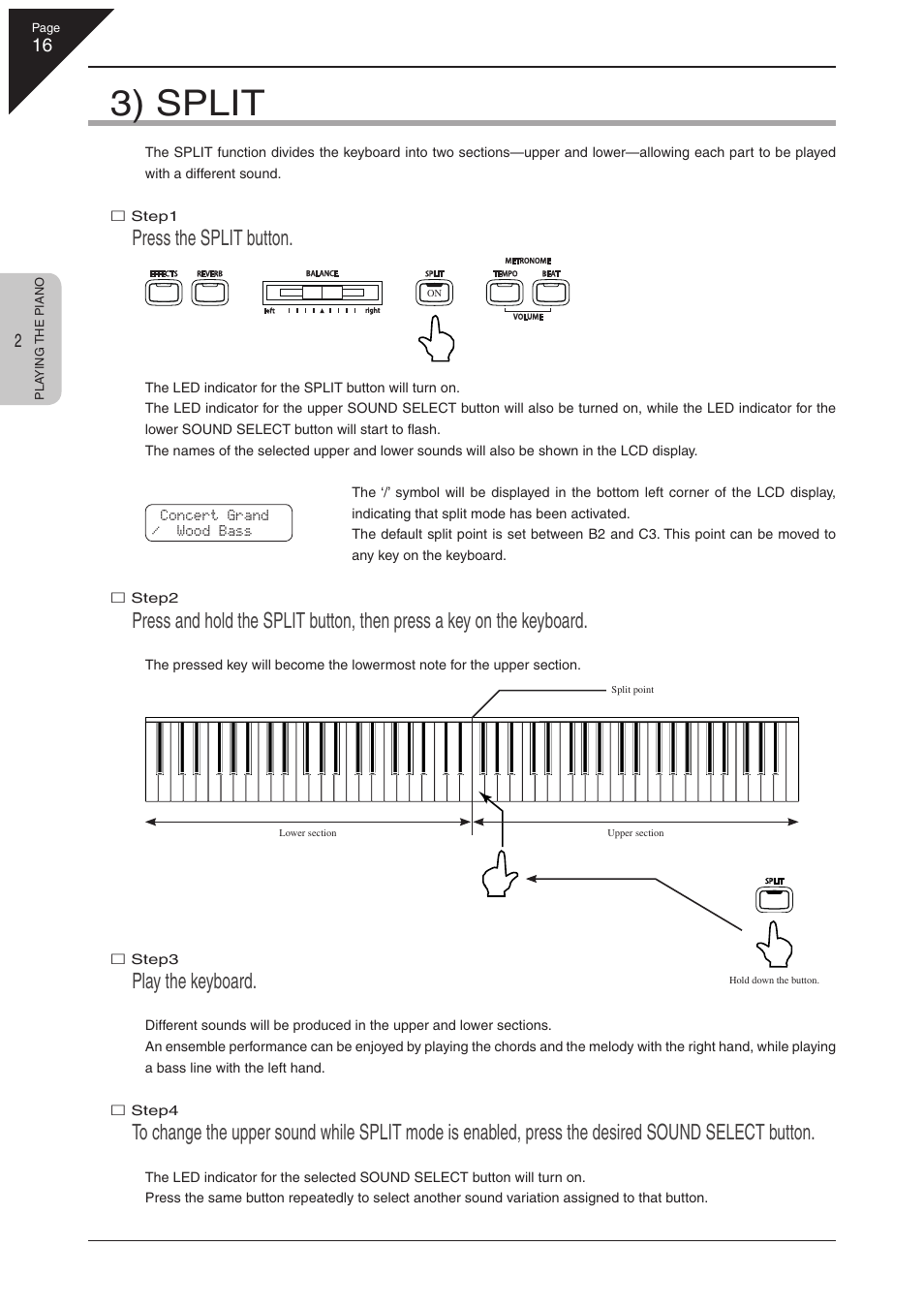 3) split, Press the split button, Play the keyboard | Kawai CN41 User Manual | Page 16 / 80