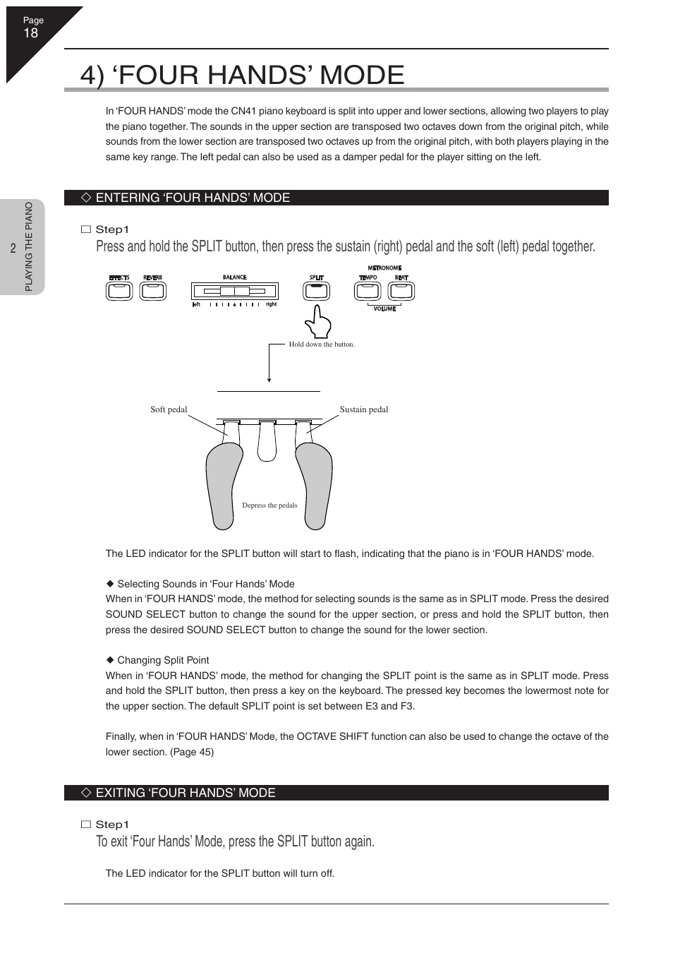 4) ‘four hands’ mode | Kawai CN41 User Manual | Page 18 / 80