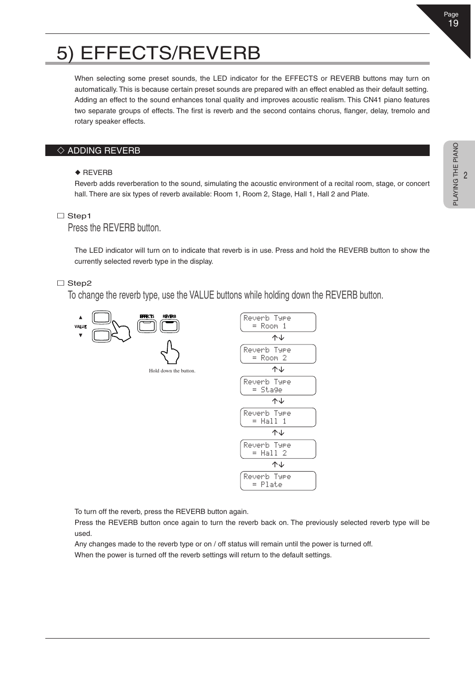 5) effects/reverb, Press the reverb button | Kawai CN41 User Manual | Page 19 / 80