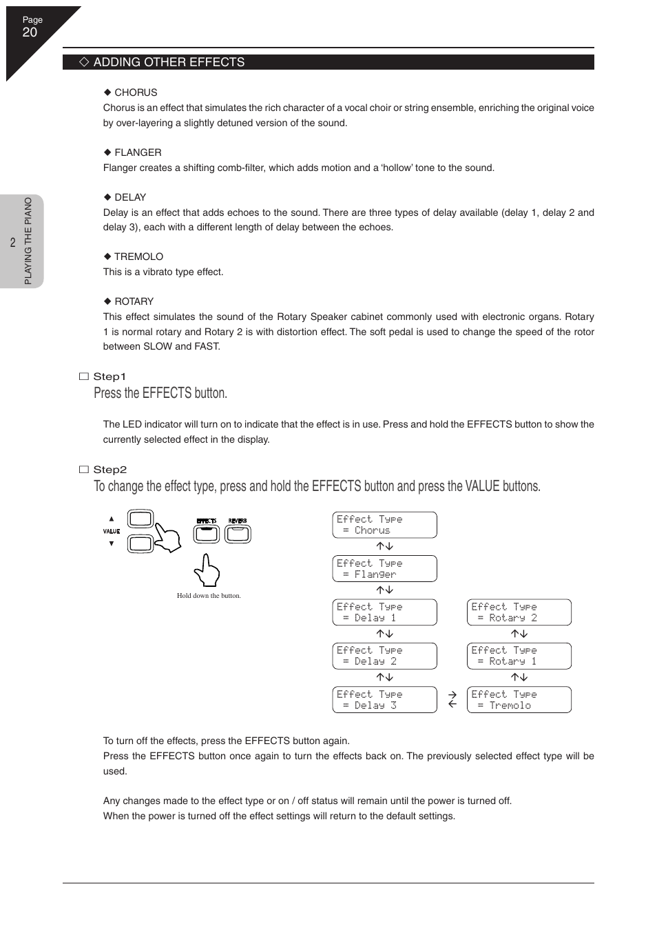 Press the effects button | Kawai CN41 User Manual | Page 20 / 80