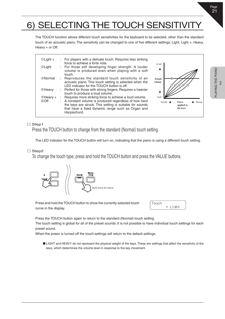 6) selecting the touch sensitivity | Kawai CN41 User Manual | Page 21 / 80