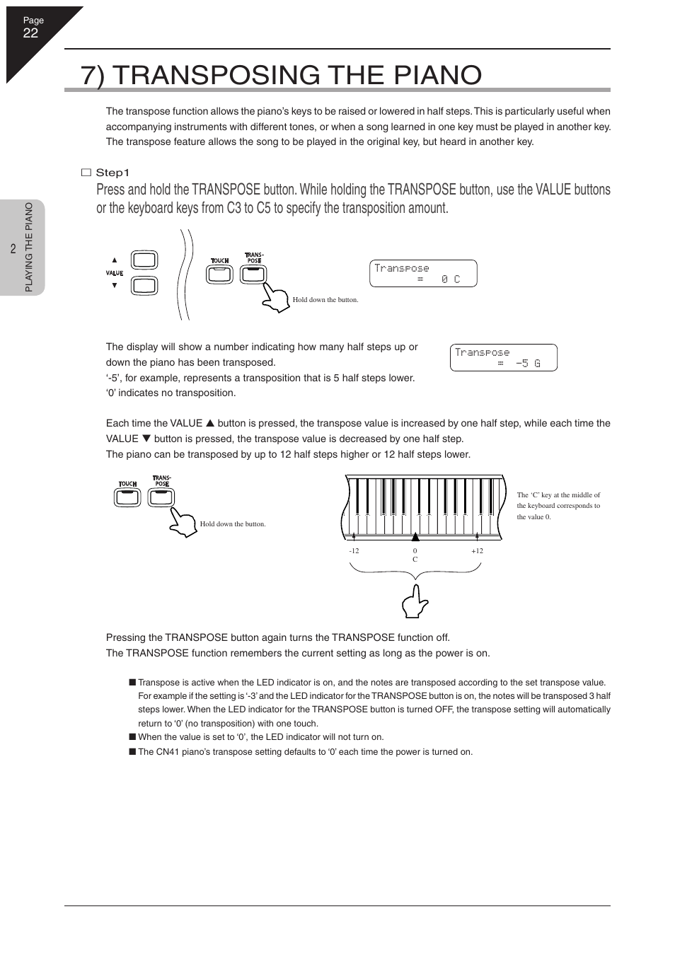 7) transposing the piano | Kawai CN41 User Manual | Page 22 / 80