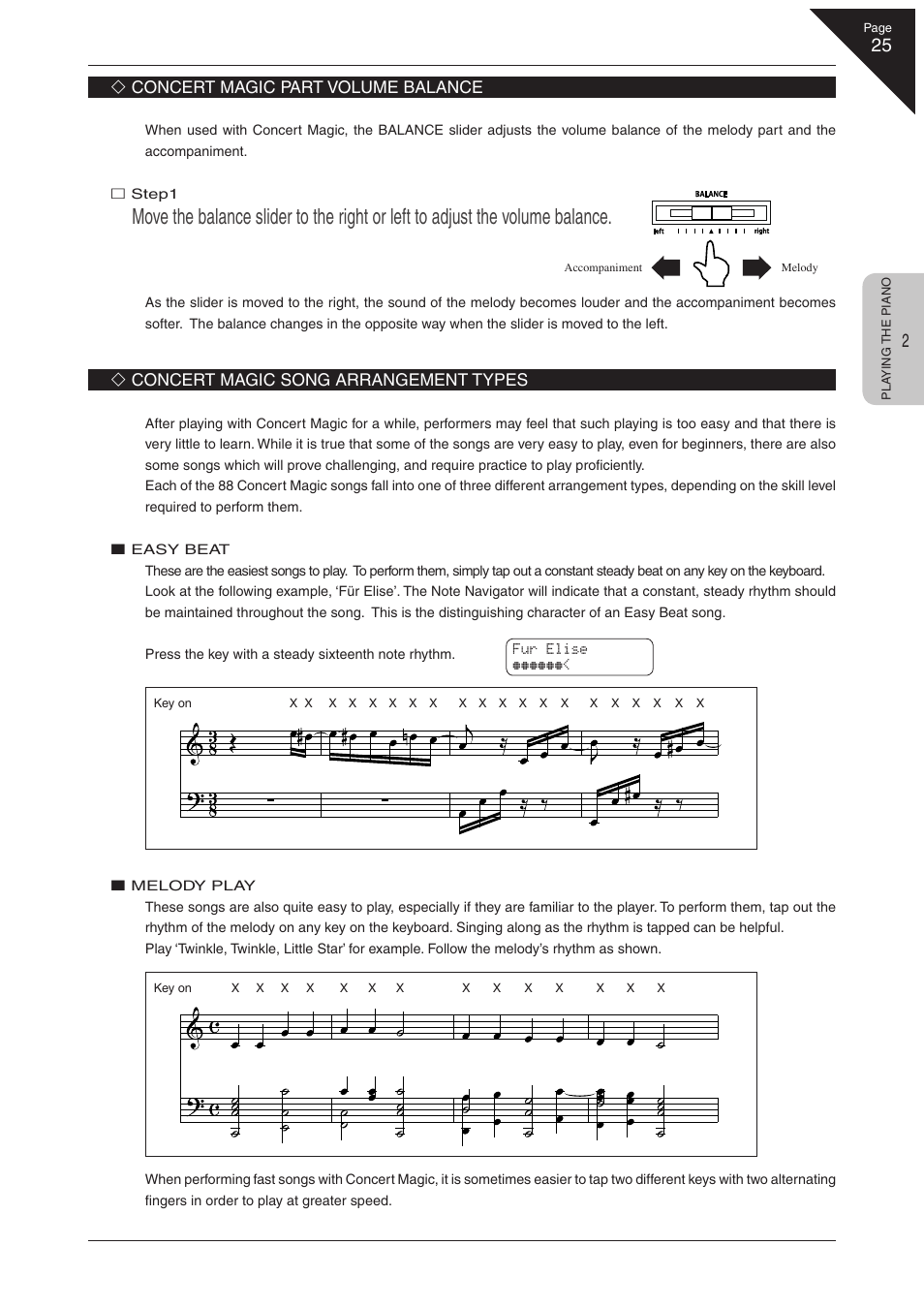 Concert magic part volume balance, Concert magic song arrangement types | Kawai CN41 User Manual | Page 25 / 80