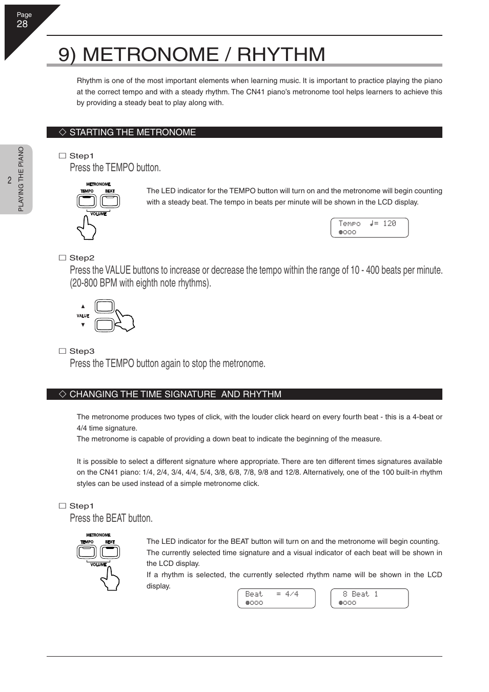 9) metronome / rhythm, Press the tempo button, Press the tempo button again to stop the metronome | Press the beat button | Kawai CN41 User Manual | Page 28 / 80