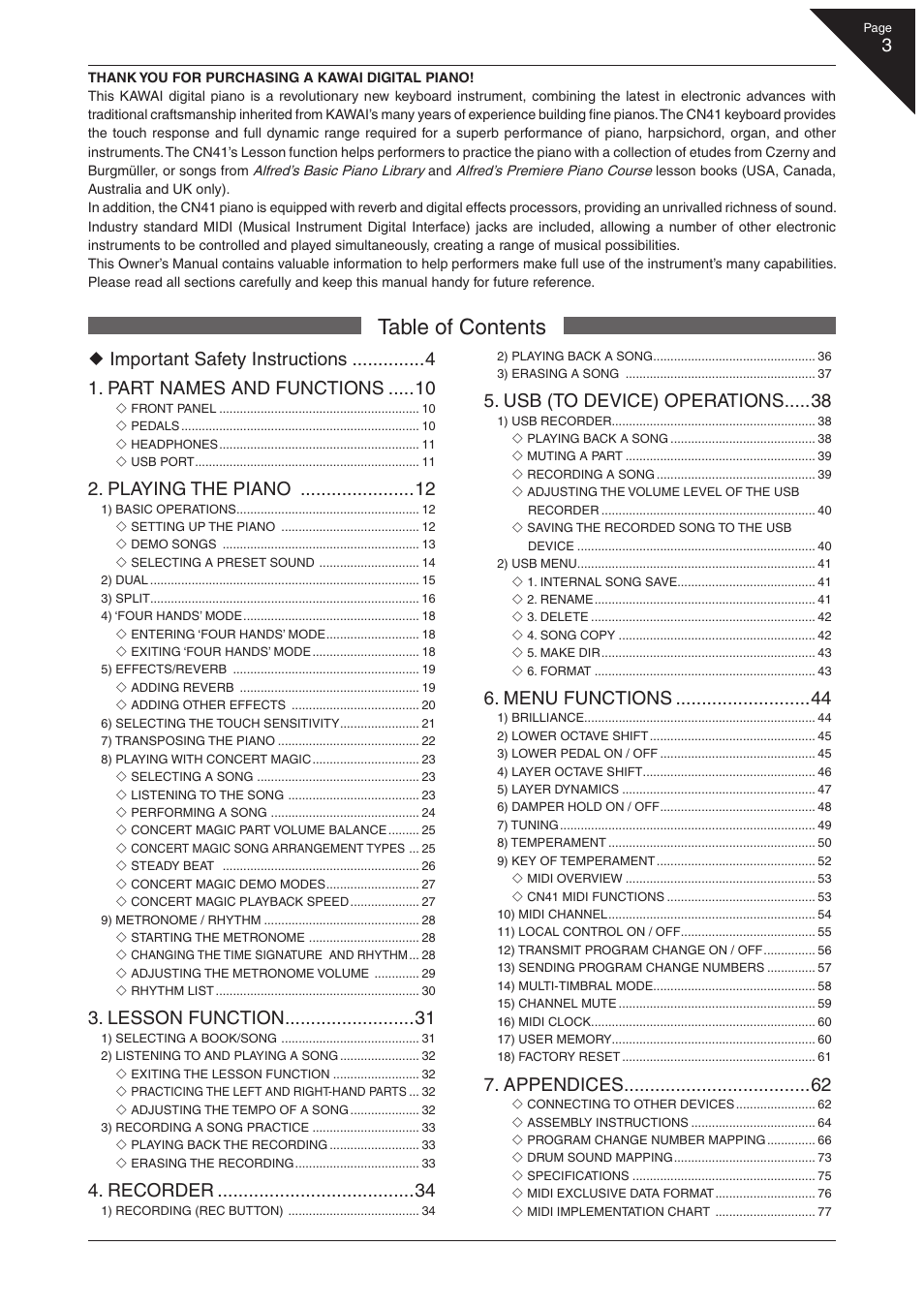 Kawai CN41 User Manual | Page 3 / 80