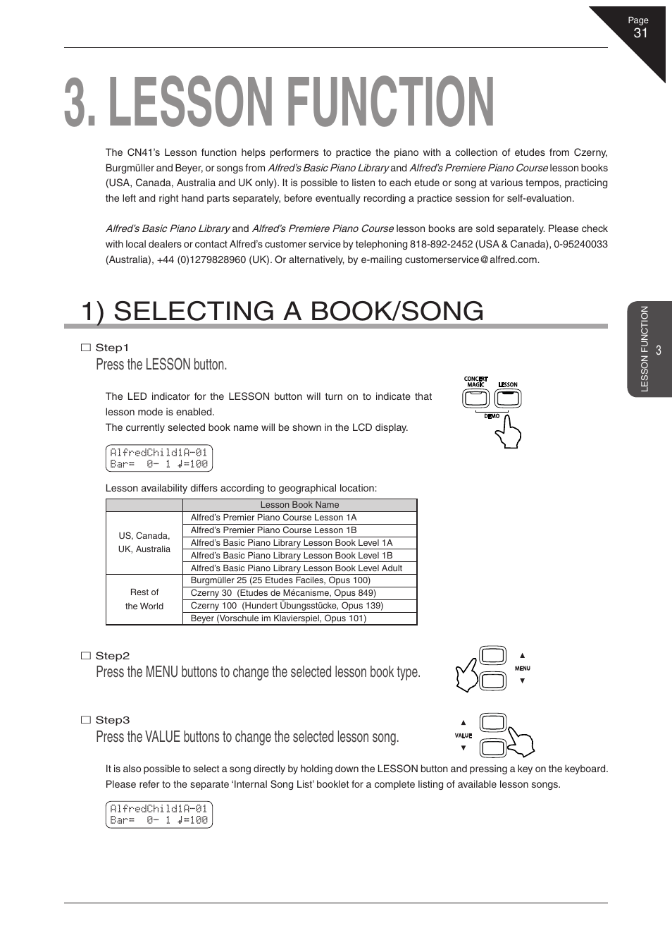 Lesson function, 1) selecting a book/song, Press the lesson button | Kawai CN41 User Manual | Page 31 / 80