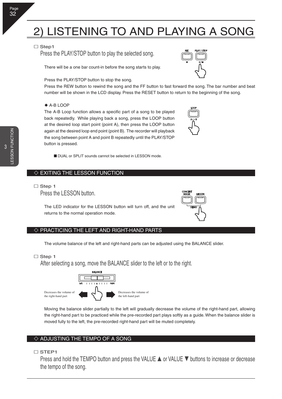 2) listening to and playing a song, Press the lesson button | Kawai CN41 User Manual | Page 32 / 80