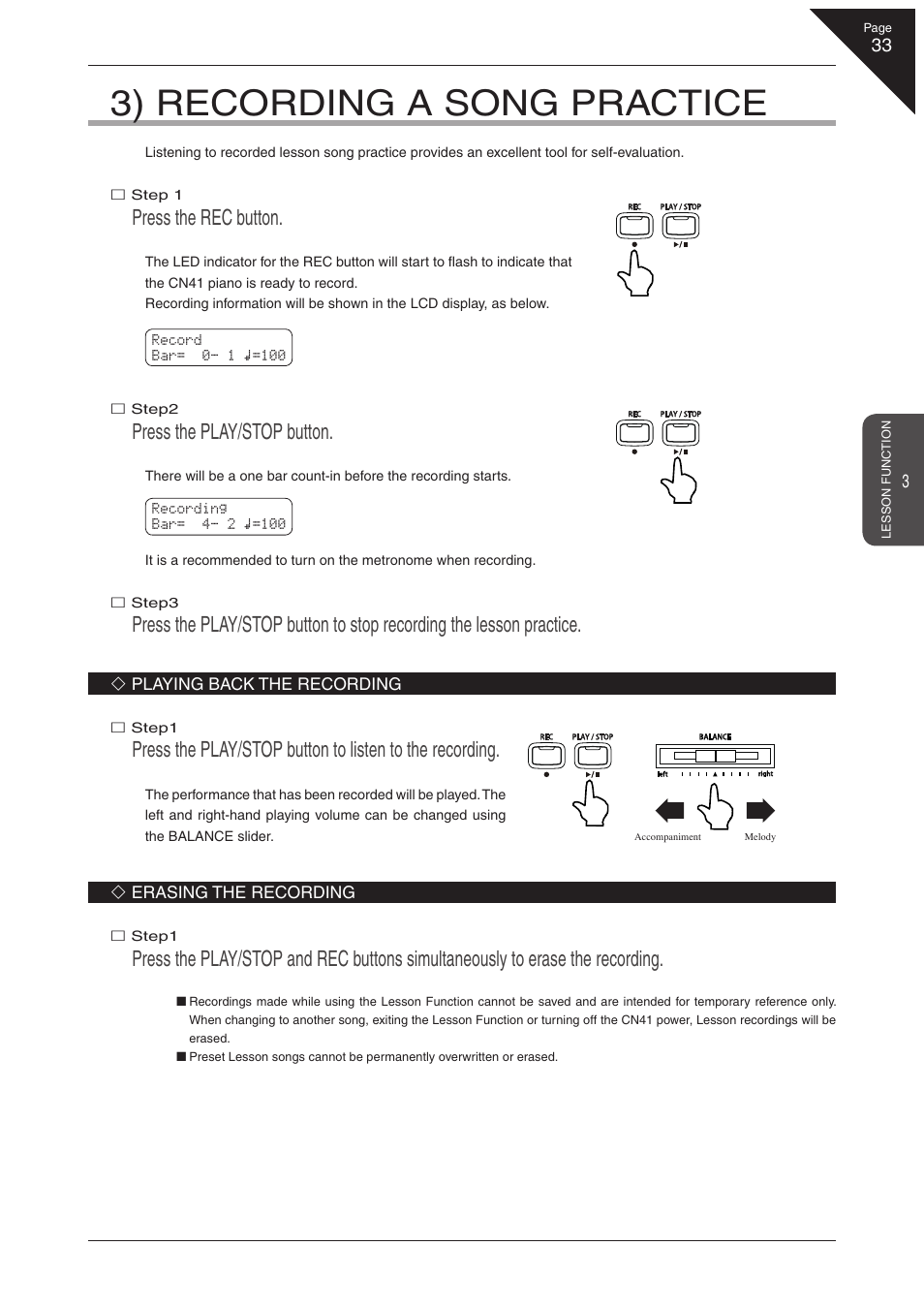 3) recording a song practice, Press the rec button, Press the play/stop button | Kawai CN41 User Manual | Page 33 / 80