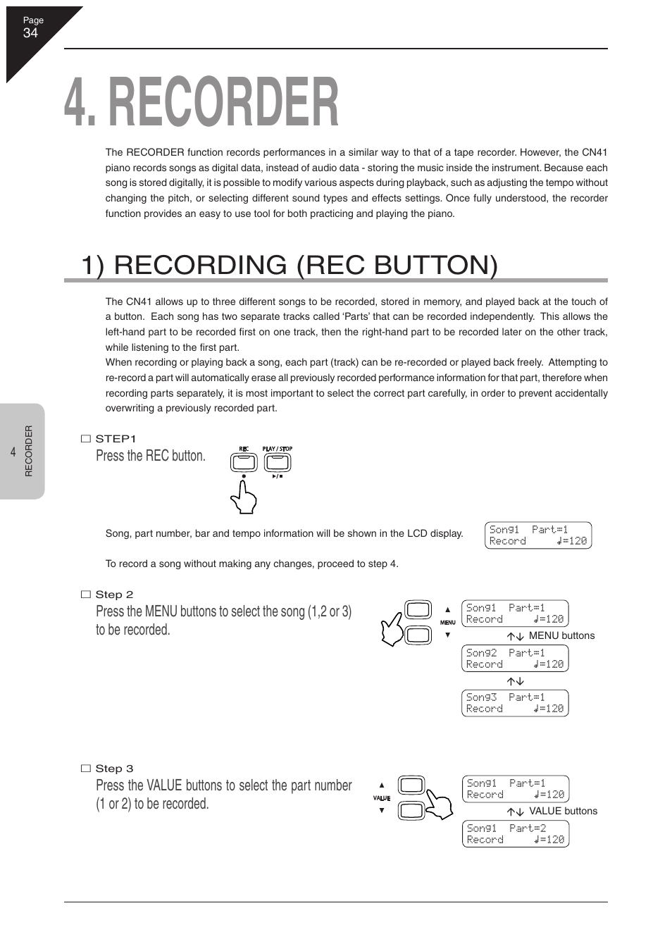 Recorder, 1) recording (rec button), Press the rec button | Kawai CN41 User Manual | Page 34 / 80