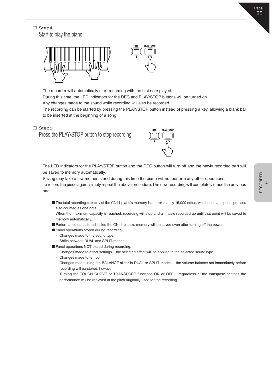 Start to play the piano, Press the play/stop button to stop recording | Kawai CN41 User Manual | Page 35 / 80