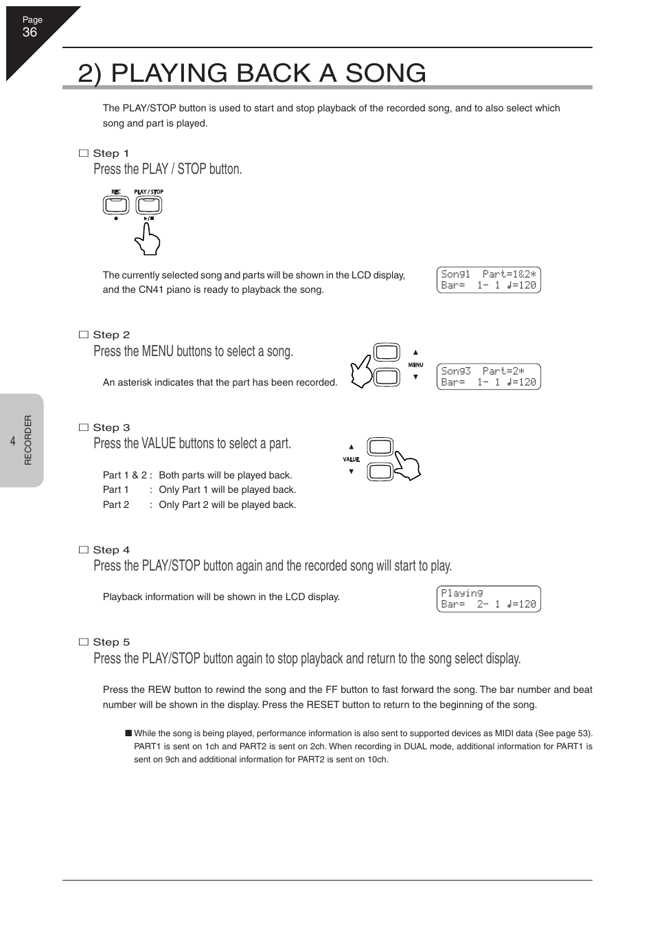 2) playing back a song, Press the play / stop button, Press the menu buttons to select a song | Press the value buttons to select a part | Kawai CN41 User Manual | Page 36 / 80