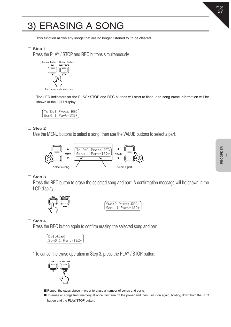 3) erasing a song | Kawai CN41 User Manual | Page 37 / 80