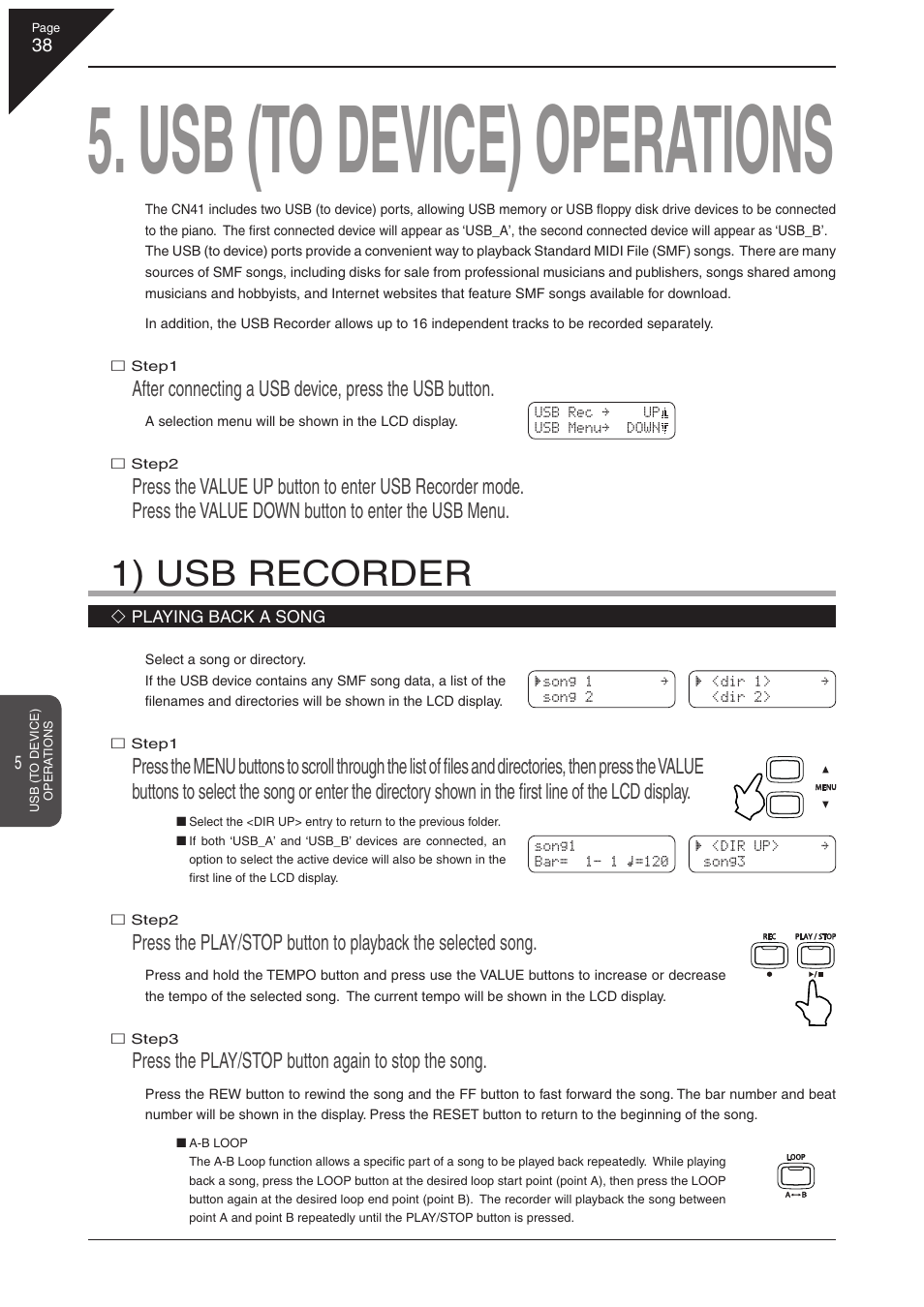 Usb (to device) operations, 1) usb recorder, Press the play/stop button again to stop the song | Kawai CN41 User Manual | Page 38 / 80