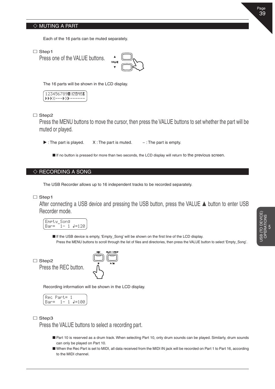 Press one of the value buttons, Press the rec button, Press the value buttons to select a recording part | Kawai CN41 User Manual | Page 39 / 80