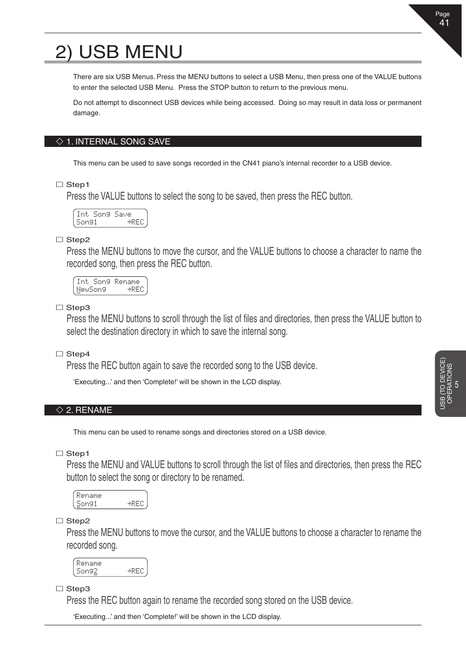 2) usb menu | Kawai CN41 User Manual | Page 41 / 80