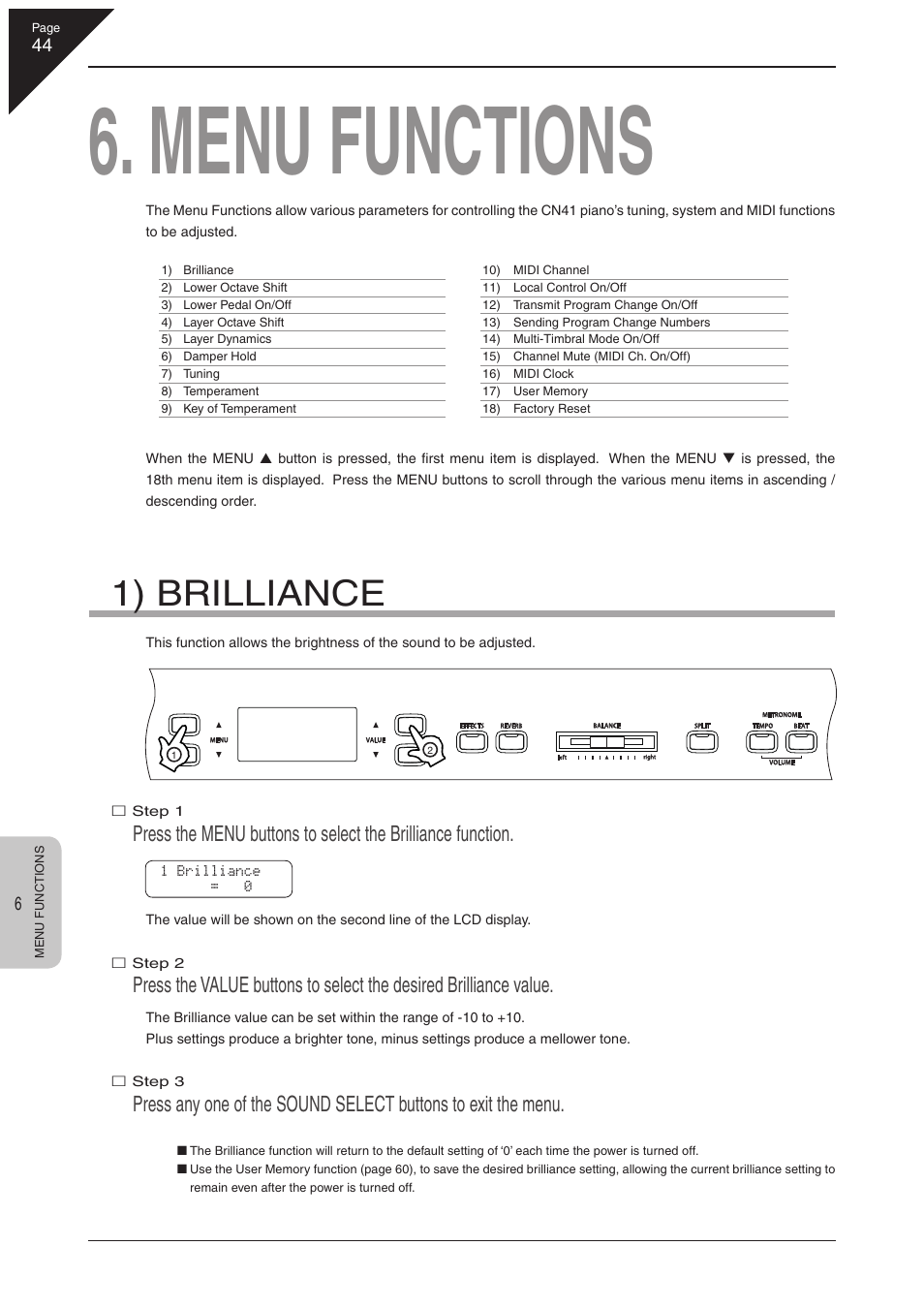 Menu functions, 1) brilliance | Kawai CN41 User Manual | Page 44 / 80