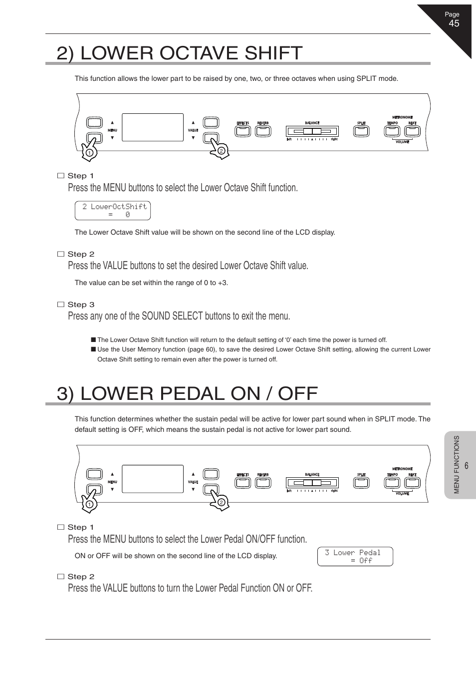 2) lower octave shift, 3) lower pedal on / off | Kawai CN41 User Manual | Page 45 / 80