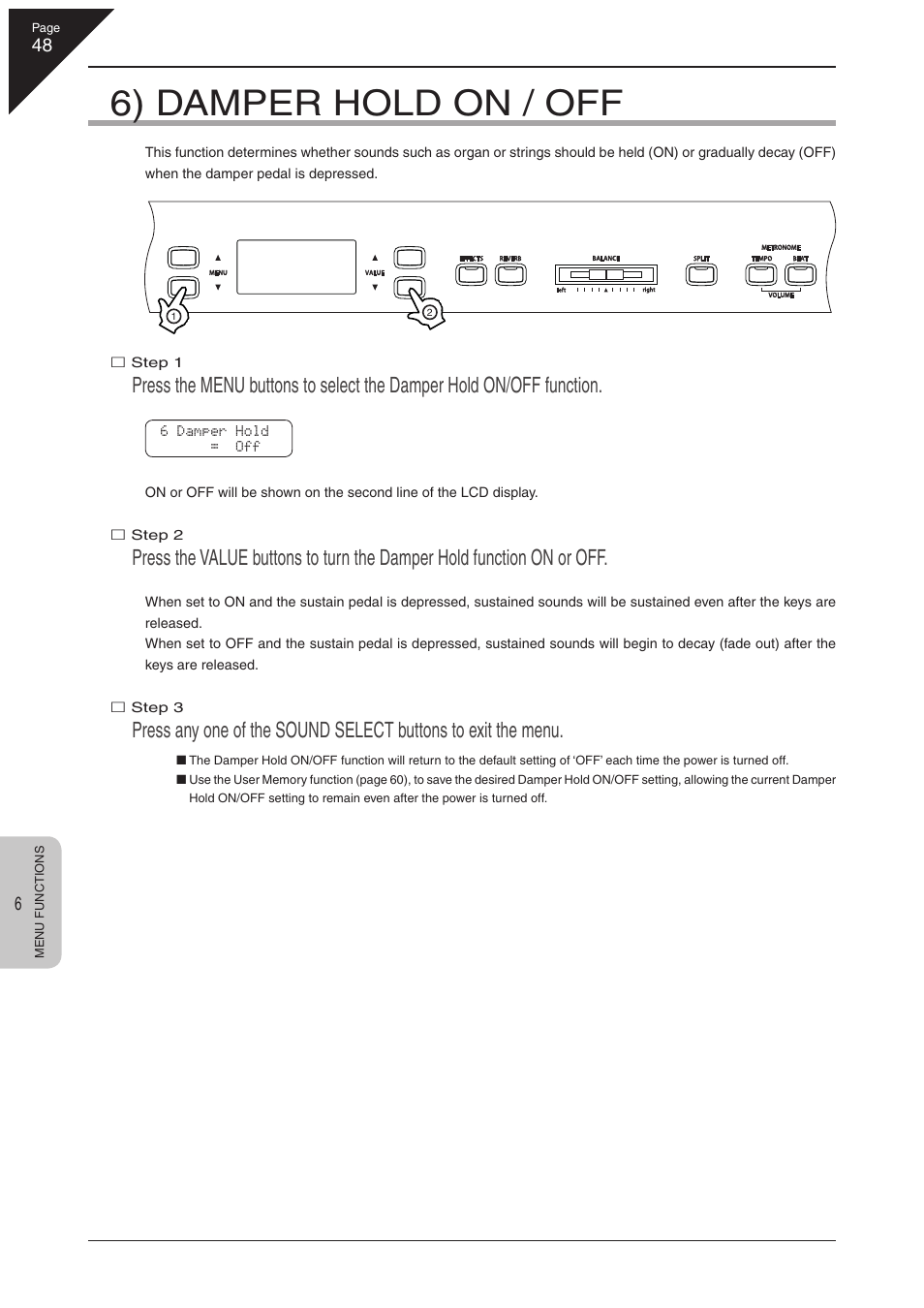 6) damper hold on / off | Kawai CN41 User Manual | Page 48 / 80