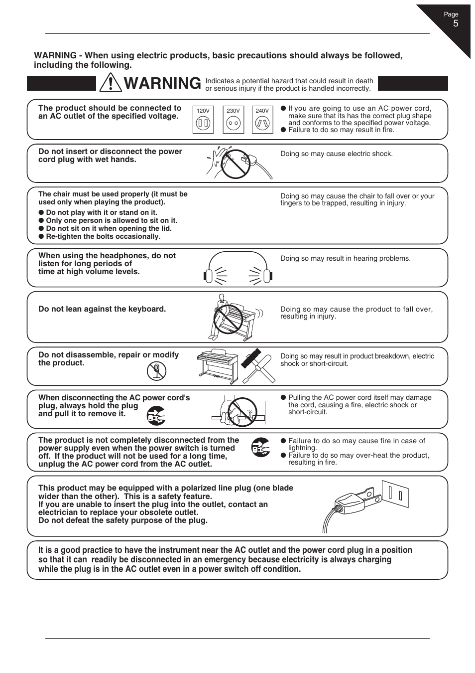 Warning | Kawai CN41 User Manual | Page 5 / 80