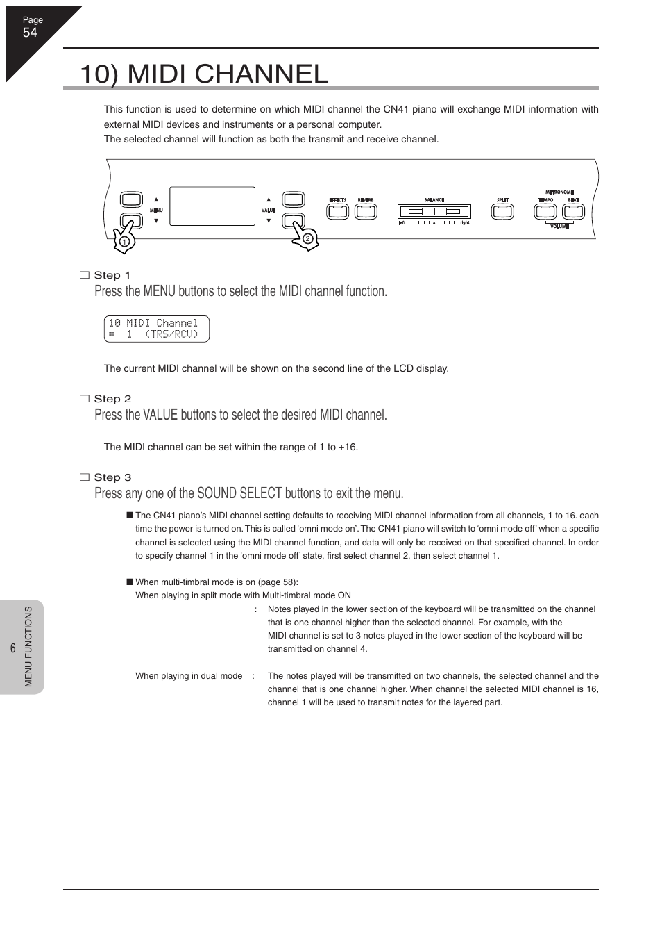 10) midi channel | Kawai CN41 User Manual | Page 54 / 80