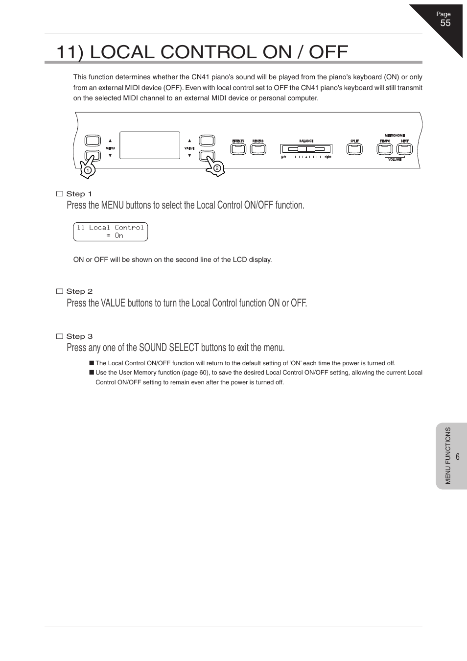 11) local control on / off | Kawai CN41 User Manual | Page 55 / 80