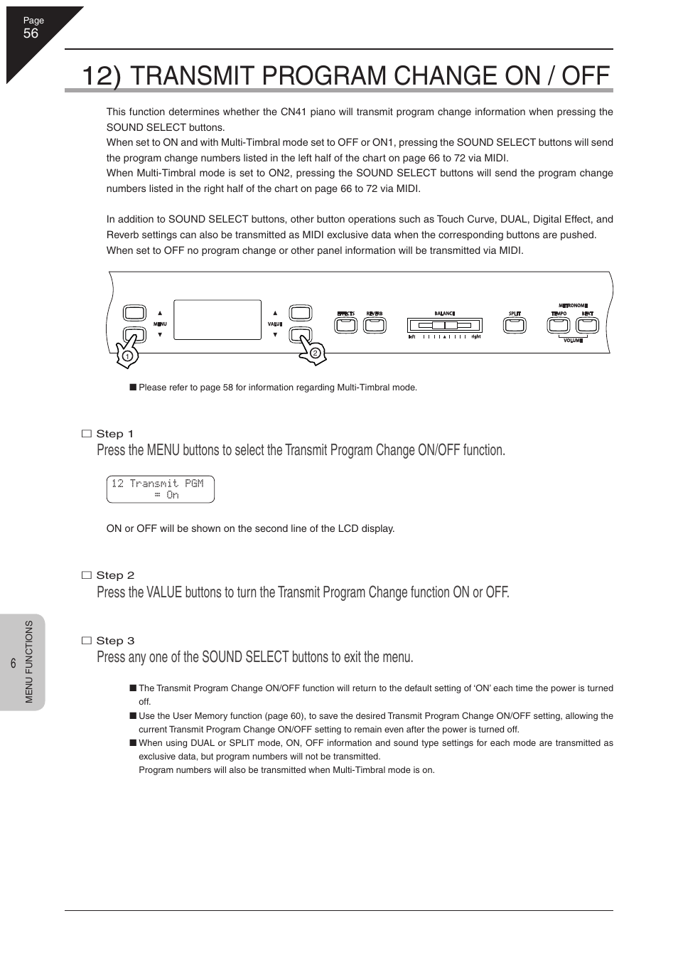 12) transmit program change on / off | Kawai CN41 User Manual | Page 56 / 80