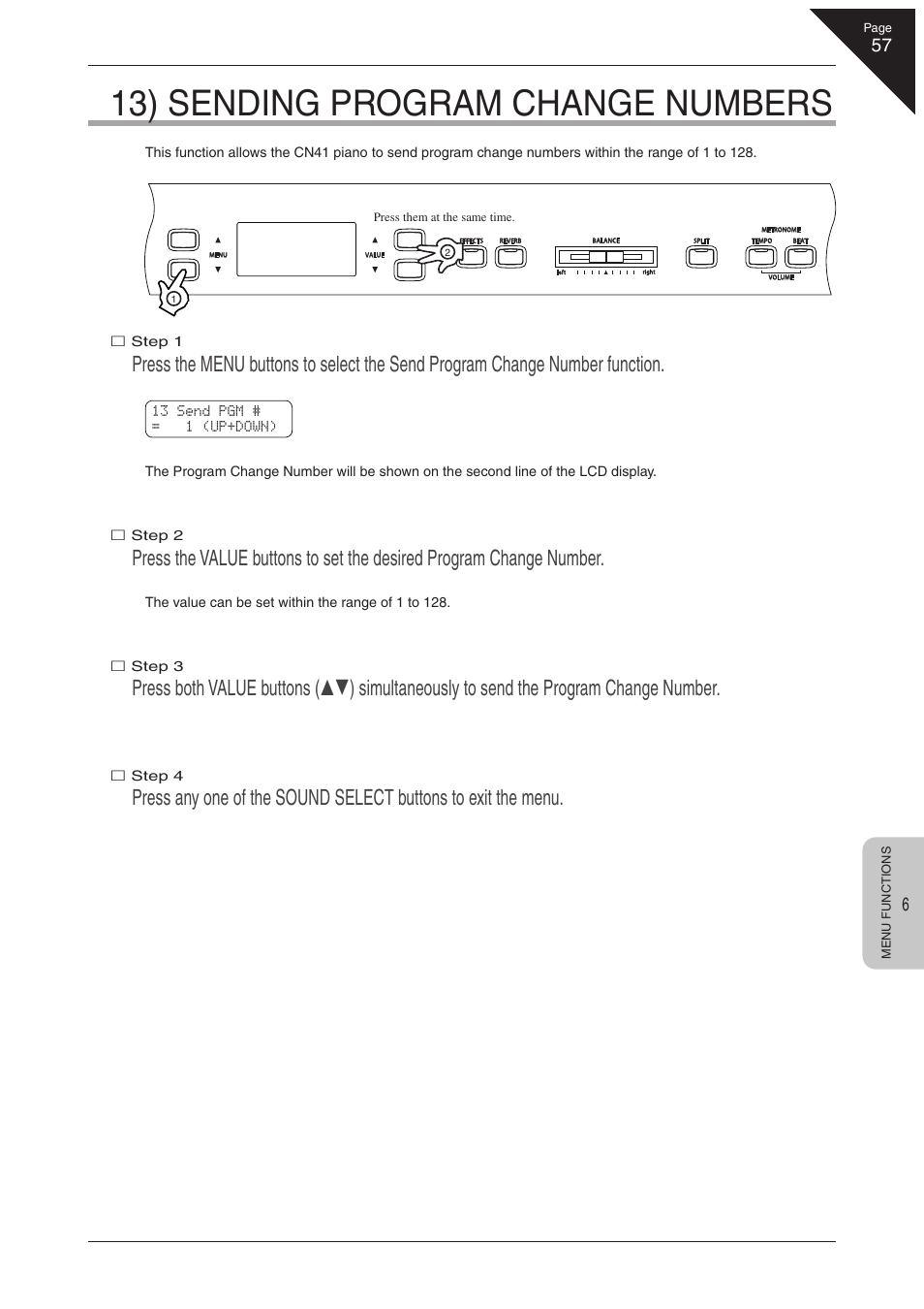 13) sending program change numbers | Kawai CN41 User Manual | Page 57 / 80