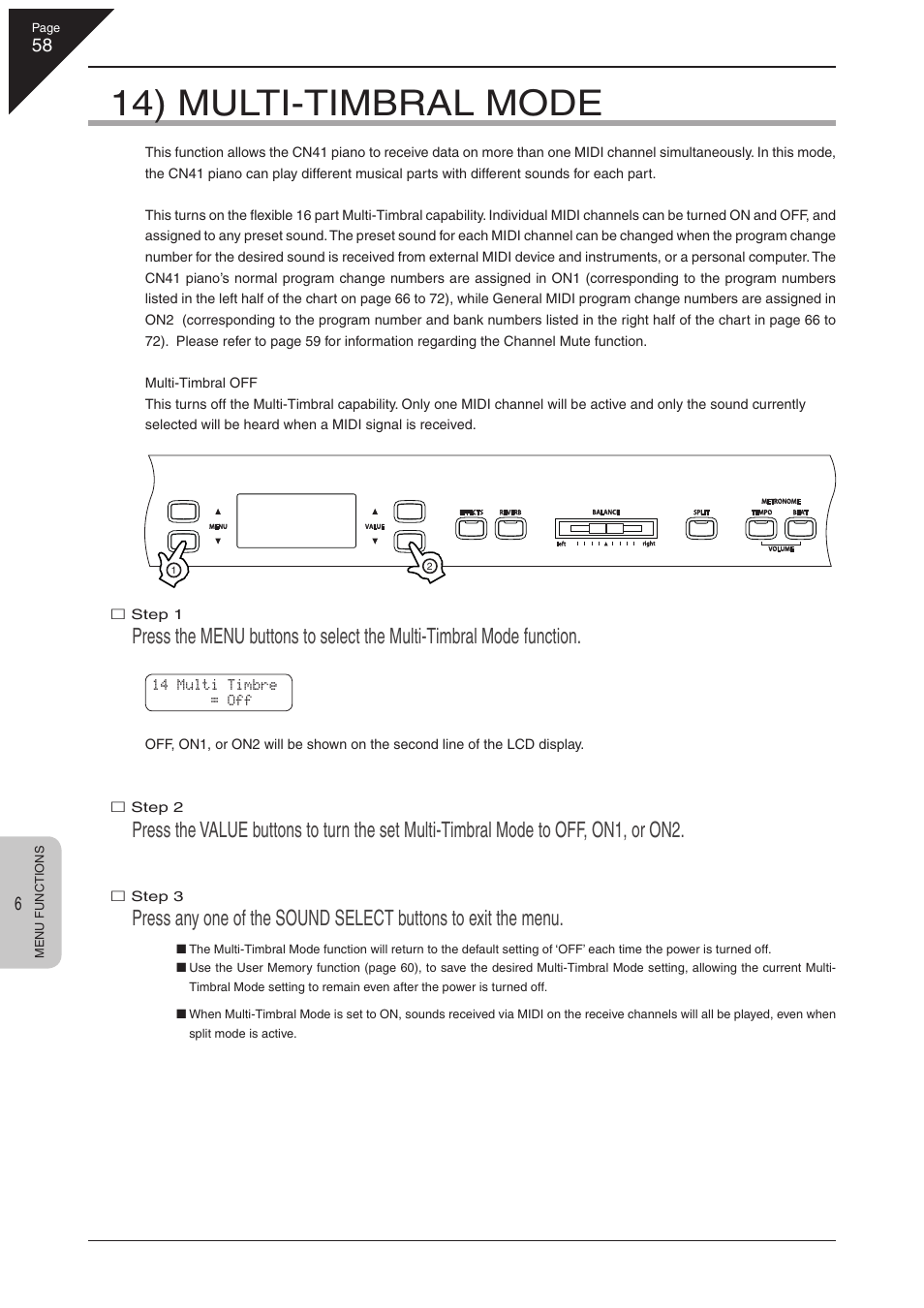 14) multi-timbral mode | Kawai CN41 User Manual | Page 58 / 80