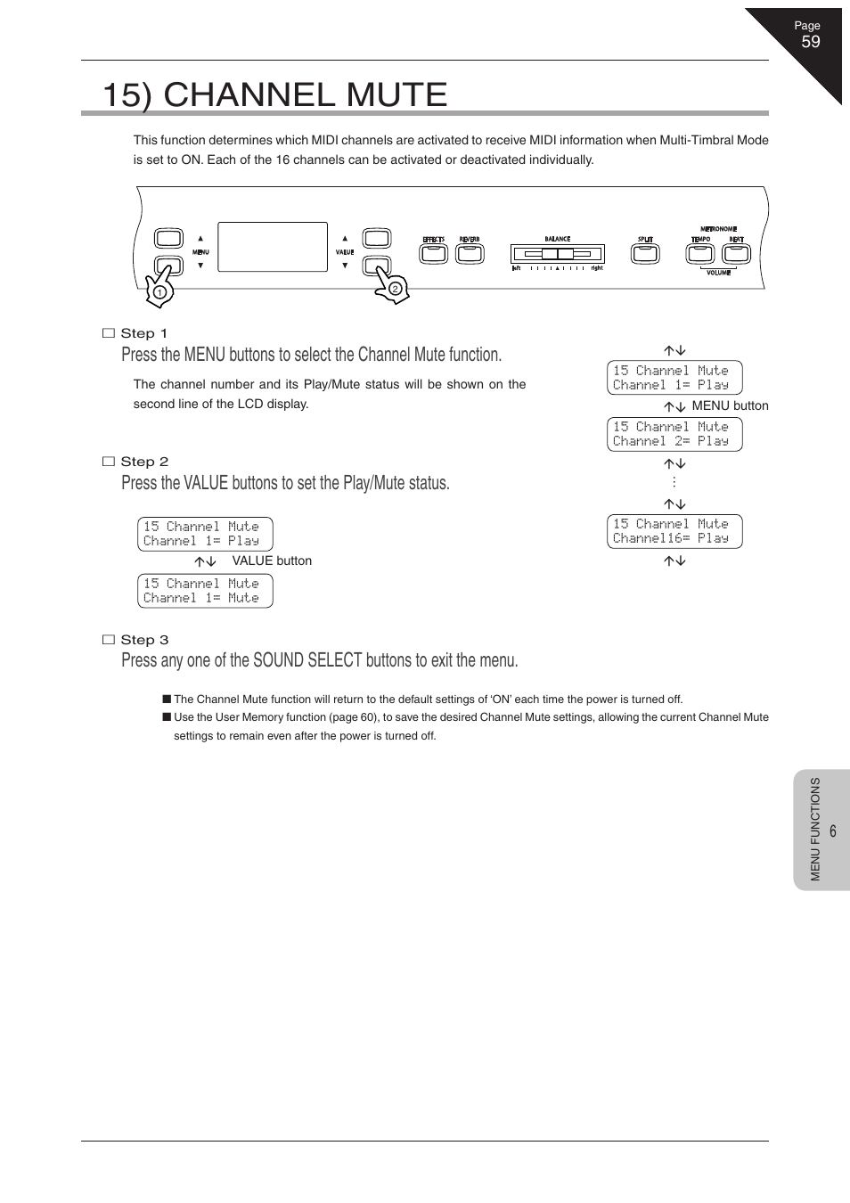 15) channel mute | Kawai CN41 User Manual | Page 59 / 80