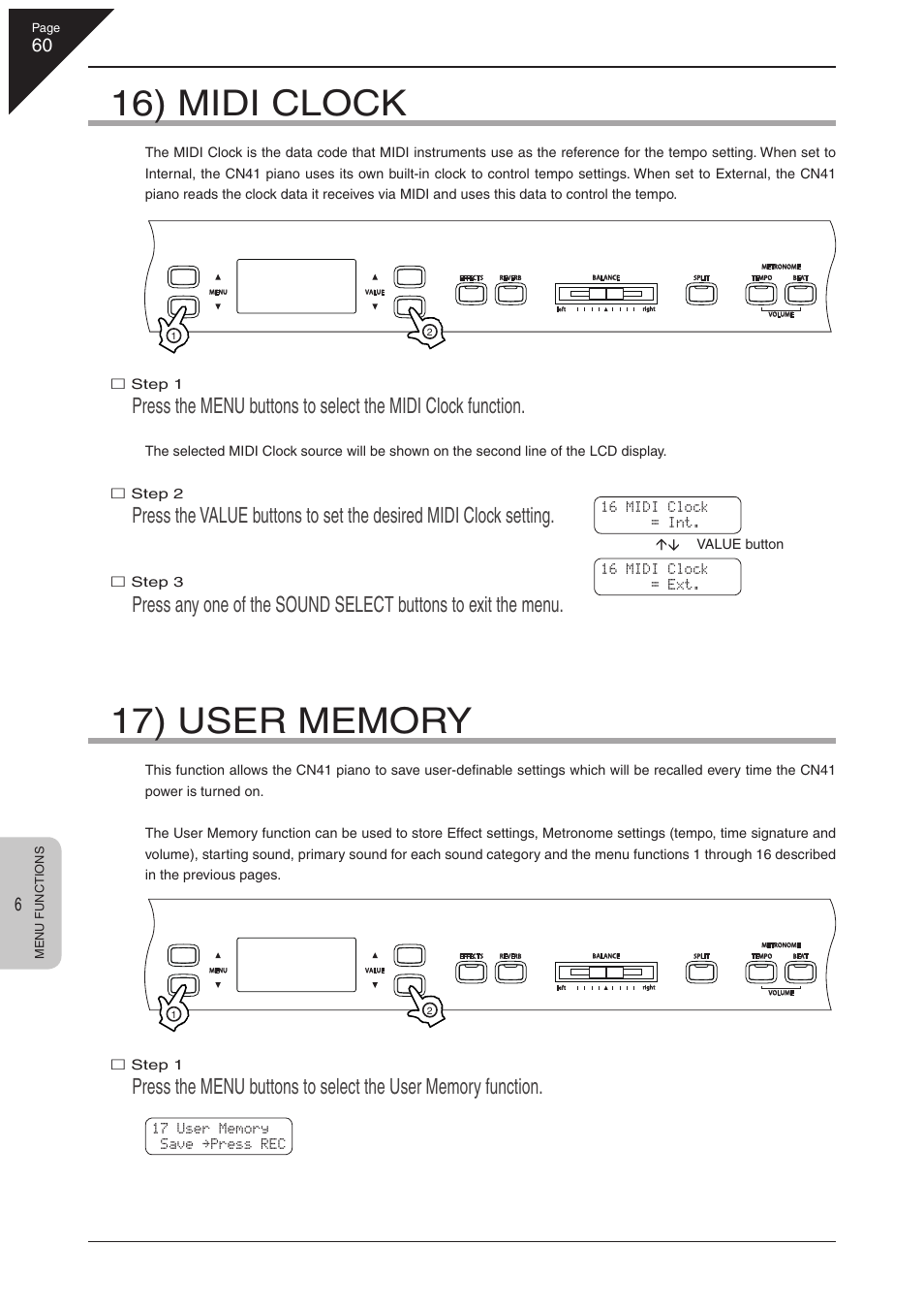 16) midi clock | Kawai CN41 User Manual | Page 60 / 80