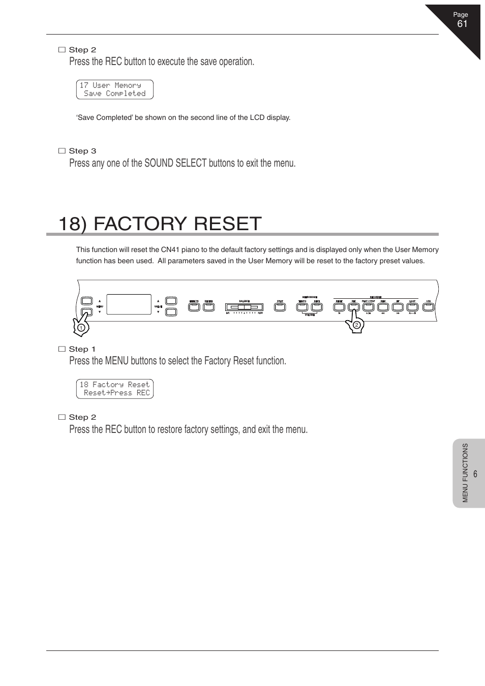 18) factory reset, Press the rec button to execute the save operation | Kawai CN41 User Manual | Page 61 / 80