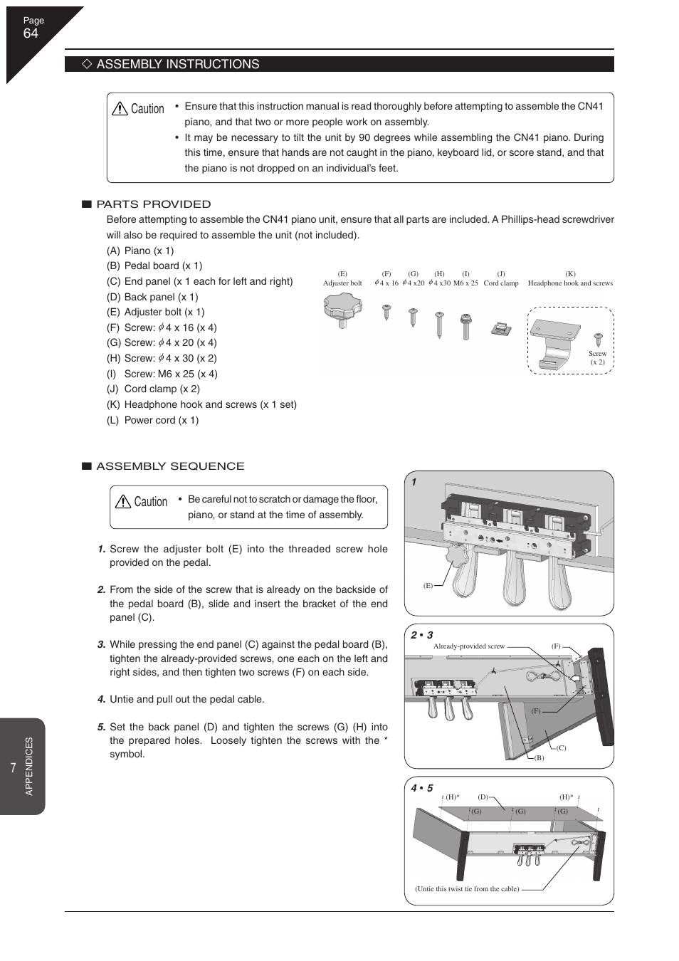 Caution, Assembly instructions | Kawai CN41 User Manual | Page 64 / 80