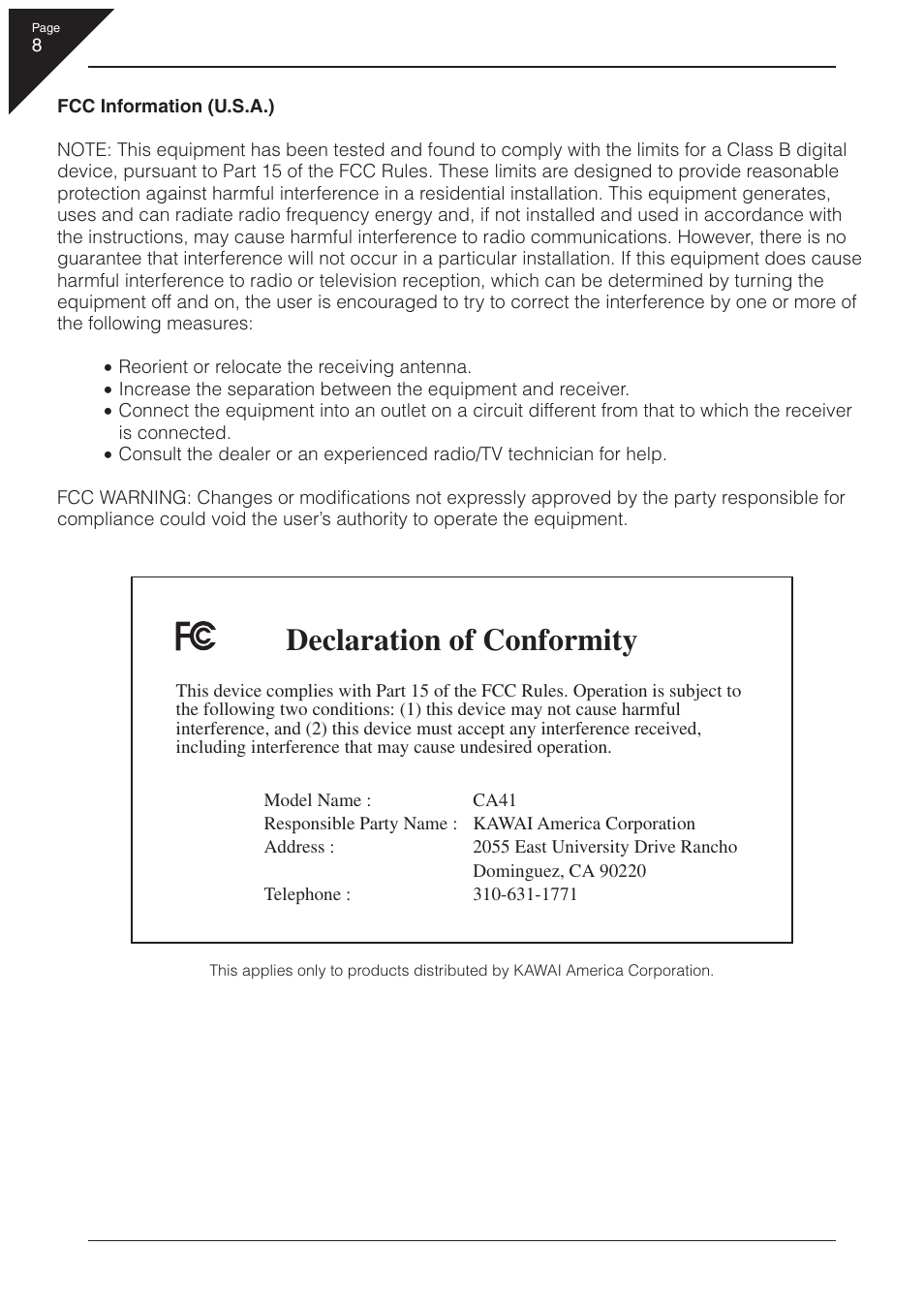 Declaration of conformity | Kawai CN41 User Manual | Page 8 / 80