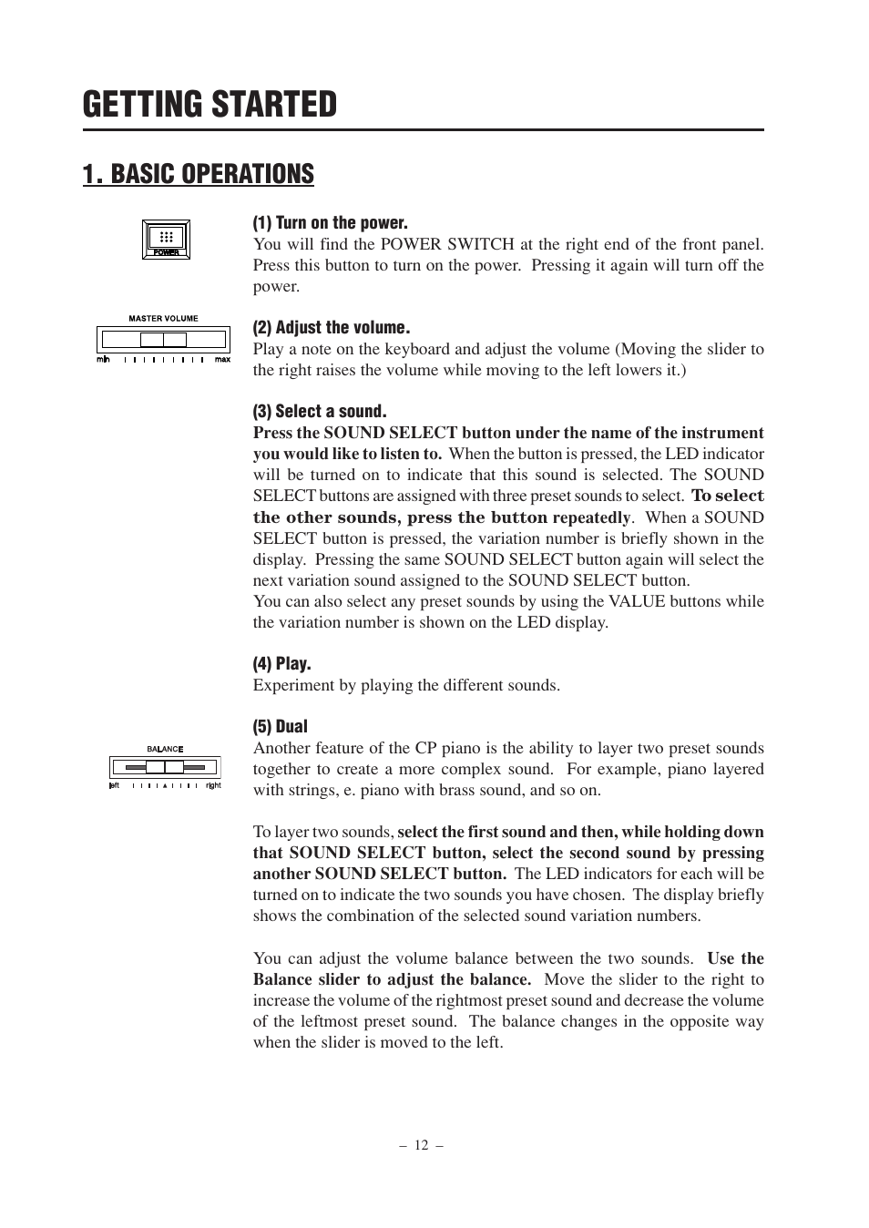 Getting started, Basic operations | Kawai CP67 User Manual | Page 12 / 36