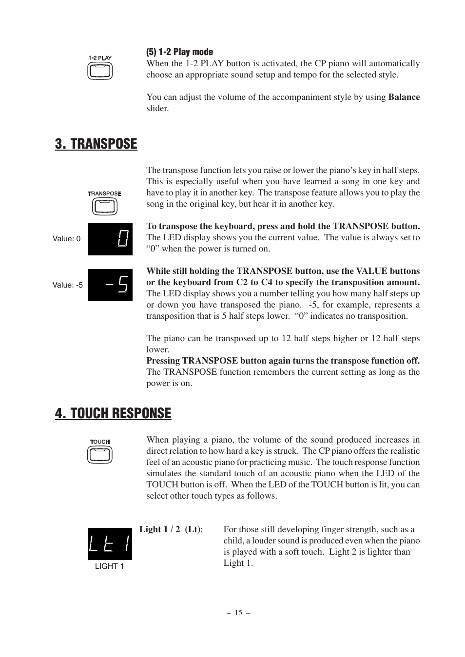 Transpose, Touch response | Kawai CP67 User Manual | Page 15 / 36