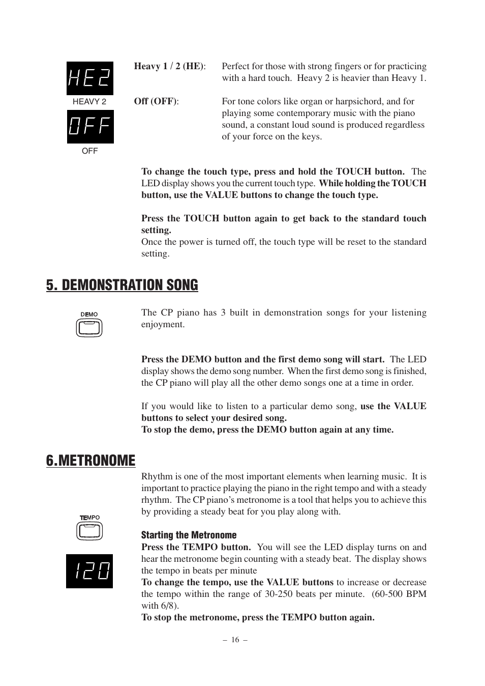 Demonstration song, Metronome | Kawai CP67 User Manual | Page 16 / 36