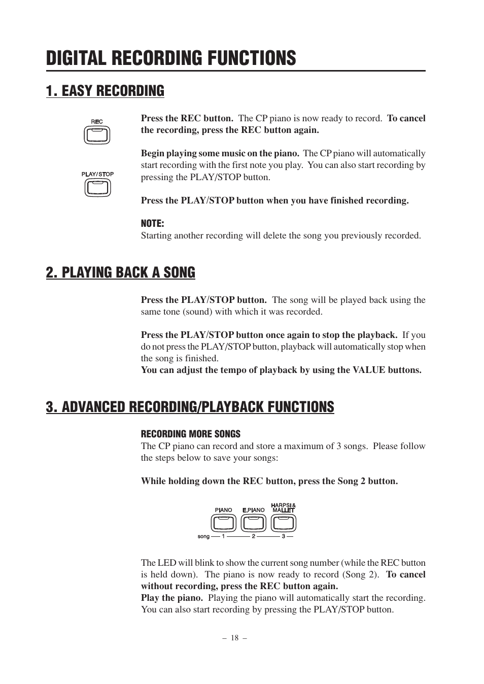 Digital recording functions, Easy recording, Playing back a song | Advanced recording/playback functions | Kawai CP67 User Manual | Page 18 / 36